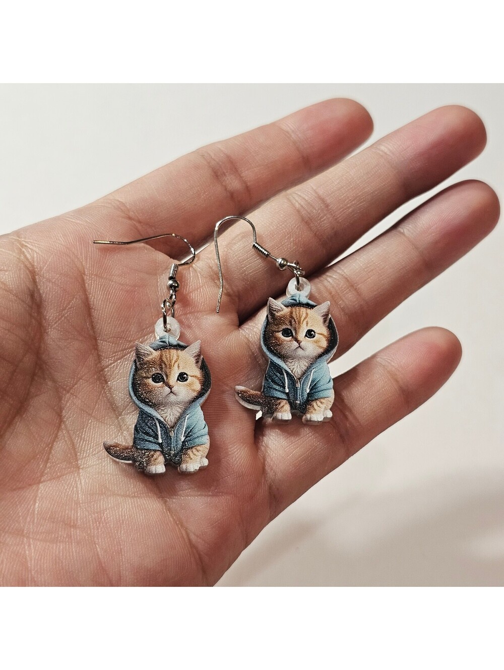Cat in Blue Hoodie Acrylic Dangle Earrings